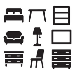 Vector set of furniture icons including sofa, chair, bed, table, and lamp for home or office interior design