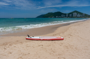 Stand up paddle board (SUP) at beach against sea.