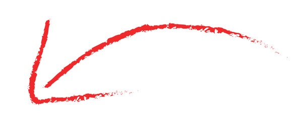 Thin Hand Drawn Red Chalk Curved Arrow Pointing Left-Down: Directional Guide and Highlight