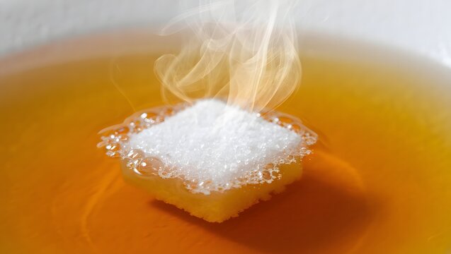 Sugar cube dissolving in hot amber liquid creating steam and bubbles