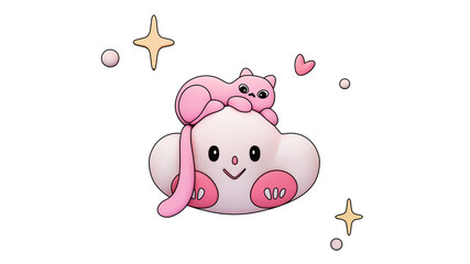Line art illustration of stylized fluffy pink cartoon cat resting lying on kawaii cloud with smiling face, mouth, eyes, nose, cheeks floating in air with bubbles, stars, heart shape, white background.