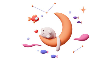 3d rendering of stylized fat fluffy happy cat sleeping lying on yellow moon dreaming of goldfish floating in air with pink clouds, red heart shape, bubbles, stars, small blue fishes, white background.