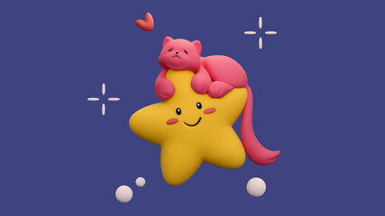 3d rendering of stylized cute fluffy pink cartoon sleeping cat lying down hugging yellow kawaii star with its paws, floating in space. Star with smiling face, eyes, red cheeks on dark blue background.