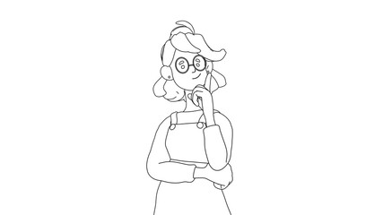 Line art illustration portrait of stylized thoughtful asian girl fashion clothes overalls, touches chin with hand, raises index finger up, thinking about decision, making right choice white background