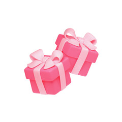 3d rendering of two stylized simple kawaii pink gift boxes wrapped with bow ribbon for cozy Valentine's Day floating in air. Colorful presents for anniversary, birthday, women's day, white background.