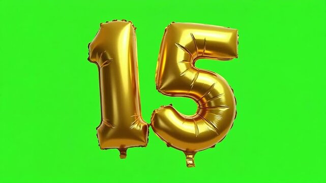 Golden number fifteen foil balloons against a vibrant green screen backdrop presents a festive celebration