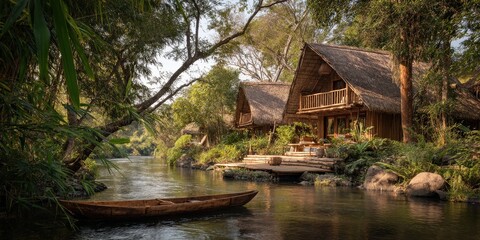 Fototapeta premium Wooden cabins on a tranquil river. Lush greenery surrounds the peaceful getaway.