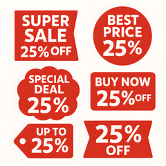 Set of Red 25% Off Promotional Sale Stickers