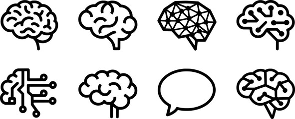 Collection of stylized brain icons representing thought and technology mind idea