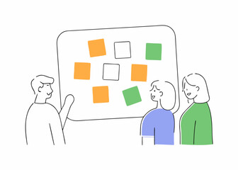 Business Workshop Concept. Vector cartoon illustration of a close-up group of diverse people standing near a board with sticky notes and discussing an idea. Isolated on background.