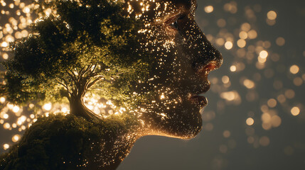 Close-up of a personâs mind visualizing a tree growing from light particles