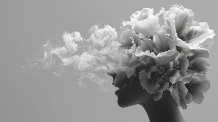 A side profile with a cloud of thoughts materializing into a blooming flower