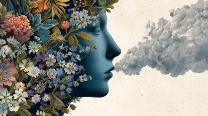 A side profile with a cloud of thoughts materializing into a blooming flower