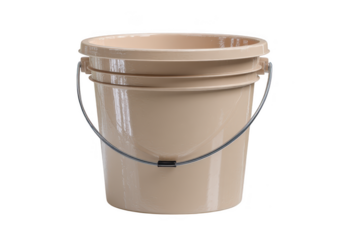 A light brown plastic bucket with a metal handle isolated on transparent background