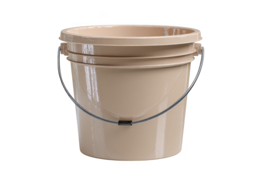 A light brown plastic bucket with a metal handle isolated on transparent background