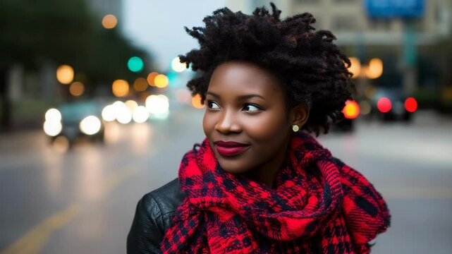 Woman with curly hair wearing a plaid scarf outdoors