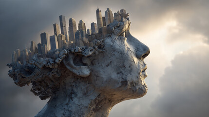 Close-up of a thinkerâs head with thoughts shaping into a floating city skyline