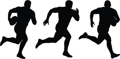 Three silhouettes of rugby players running with a ball on white background