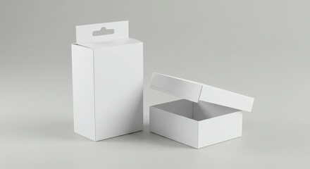 Clean white product packaging boxes with hang tabs and open box display