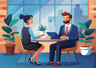 Business job interview concept vector illustration, young woman asking questions, man in suit answering at table, cartoon flat design, modern professional style, isolated on white background