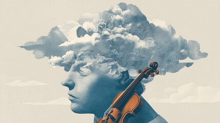 A calm face with a thought cloud turning into a violin above the head