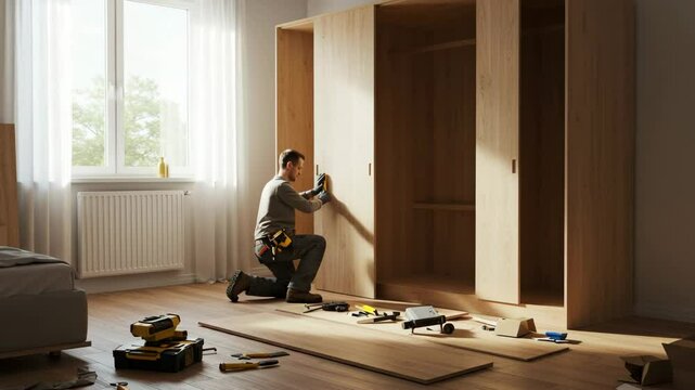 Furniture installer assembling a wardrobe in a modern bedroom. Wooden panels, tools, and clean interior environment. One person working with focus. Photorealistic 3D scene ideal for DIY, furniture gui