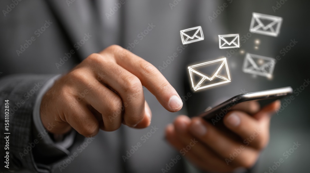 Poster a business professional points at a smartphone while surrounded by floating email icons. the setting