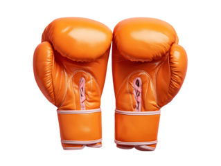 Orange boxing gloves on pink background with copyspace on white background