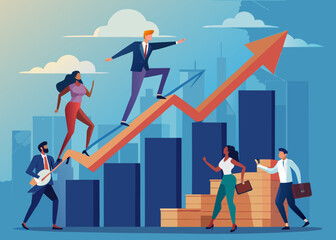 Fototapeta premium Business growth success vector illustration, diverse team in suits lifting financial chart arrow upward, teamwork strategy, cartoon flat design, isolated white background, professional business 