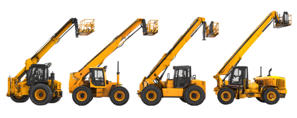 High-Resolution High-Quality Premium Four telehandlers arranged si digital artwork, PNG cutout, ideal for web banners and print projects, mockups, HD asset, royalty-free