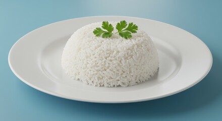 White Rice on a Plate with Cilantro Garnish