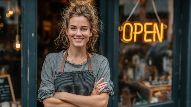 A cheerful barista stands confidently with crossed arms, wearing an apron, in front of an open cafe. The warm ambiance invites passersby to enjoy their drinks. - Powered by Adobe