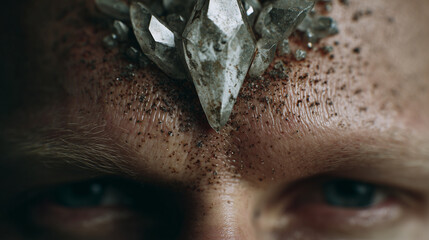 Close-up of a forehead with thoughts forming a crystal or gem