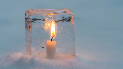A lone candle burns brightly within a translucent ice block on a snowy landscape
