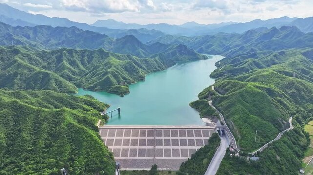 Aerial view of Zhaitang Reservoir and dam in Beijing Mentougou