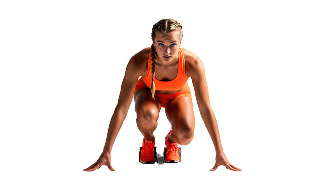 A determined female runner in the starting position, ready to compete and sprint forward.