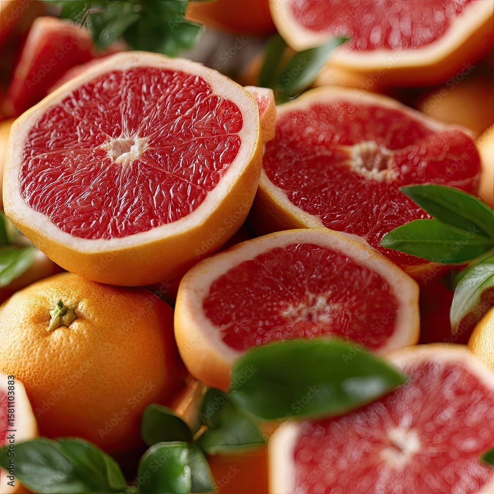 Poster bright and colorful display features fresh oranges and red grapefruits surrounded by green leaves, c