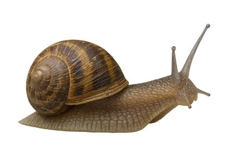 Detailed view of a snail with a brown shell and extended antennae, isolated on a transparent background for design use