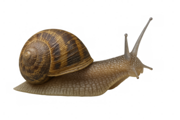 Detailed view of a snail with a brown shell and extended antennae, isolated on a transparent background for design use
