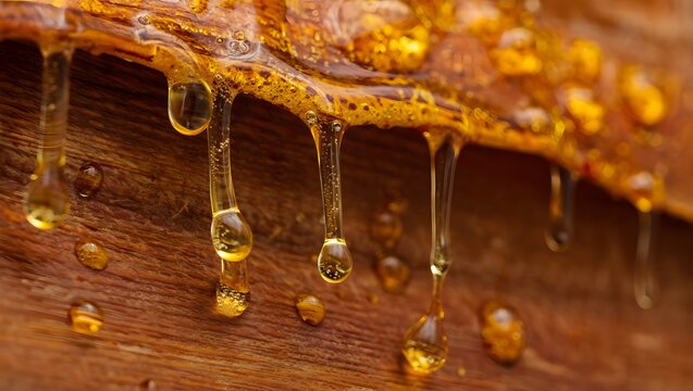 Close up of amber resin dripping from a wooden surface with visible texture and light reflections