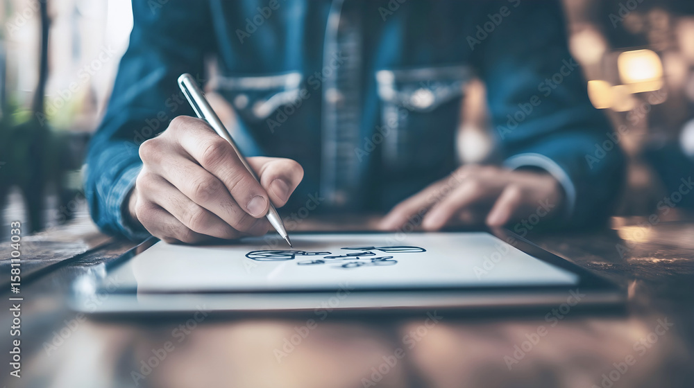 Poster individual using a digital tablet with stylus, creating artistic illustrations on a screen, surround