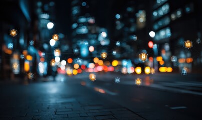 Icons float over city street, networking & security, blurred buildings in background