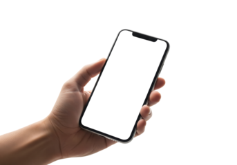 Hand holding a smartphone with a blank white screen, angled view. Isolated on transparent background, png