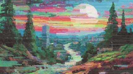 Naklejka premium A mesmerizing landscape showcases a colorful sunset with hues of orange and pink illuminating a river that winds through a city. Lush trees frame the scene, enhancing the tranquil ambiance.