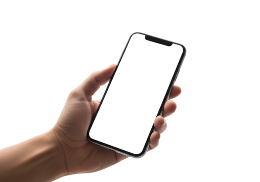 Hand holding a smartphone with a blank white screen, angled view. Isolated on transparent background, png