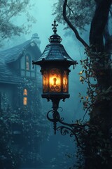Enchanted Glow: Vintage Lantern Illuminating a Misty, Fairy-Tale Cottage in a Dreamlike Forest, Evoking Magic and Mystery in the Night