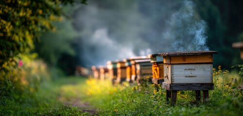 Rustic apiary in forest clearing with smoke
