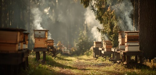 Rustic apiary in forest clearing with smoke