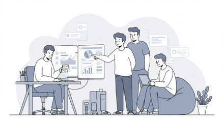 Illustration of a business team analyzing data and planning strategy in a meeting with charts and graphs on a digital screen.