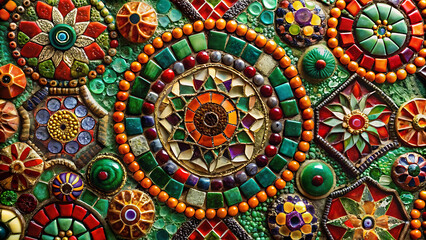 Vibrant Jewel-Toned Mosaic Tile Art: Intricate Circular and Floral Designs, Rich Textures, Boho Chic Style